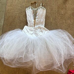 Curtain Call White Swan long tutu and corset hand sewn appliqué.  Size child 14